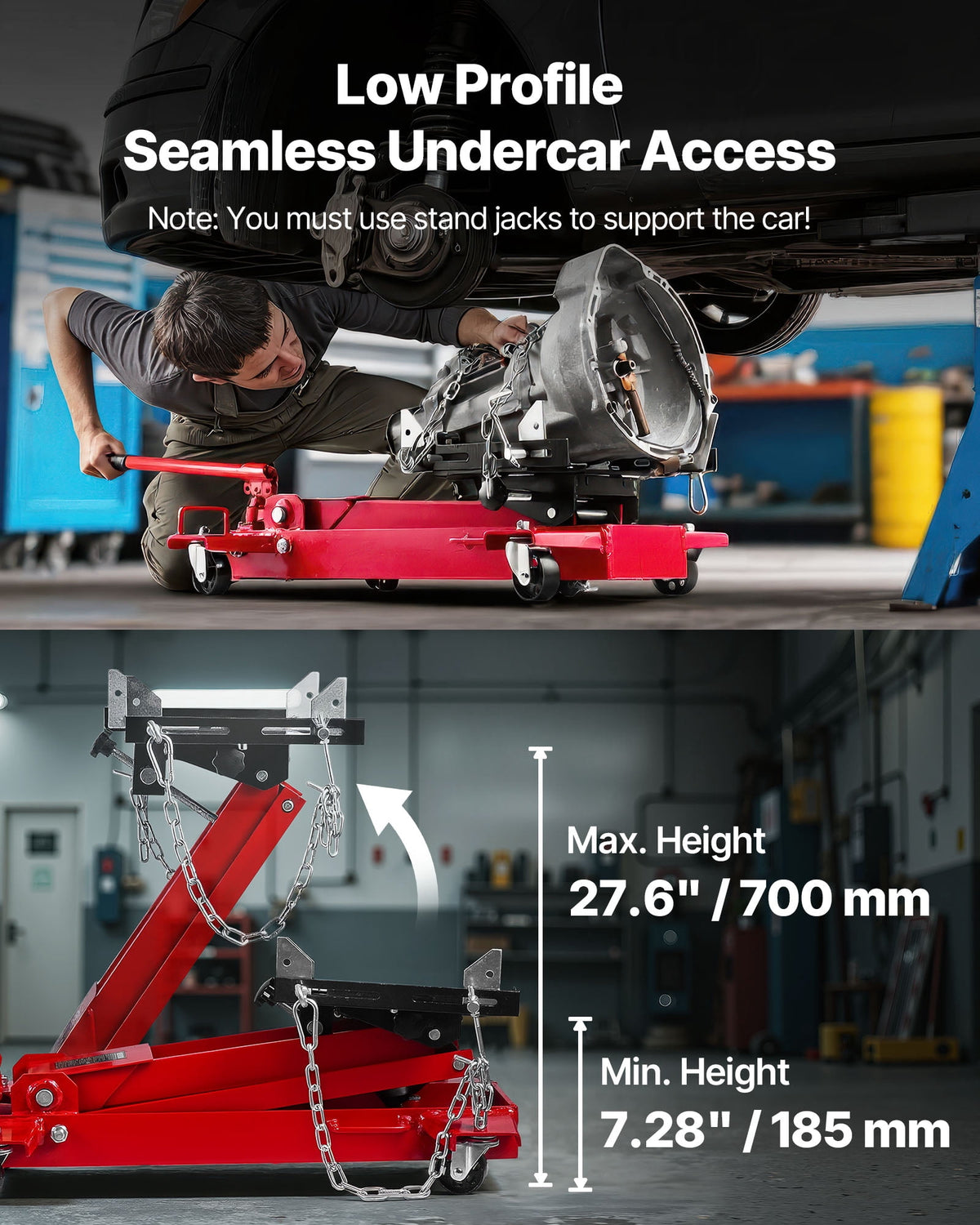 VEVOR 1-Ton/2200 lb Low-Profile Telescoping Transmission Jack, 7.28-27.6 Inch Lift, 360-Degree Swivel Wheels
