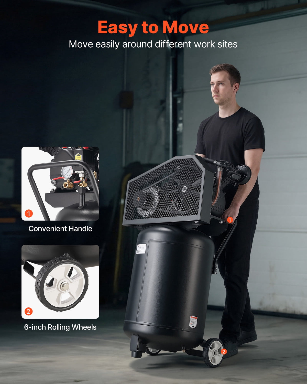 VEVOR 20-Gallon Air Compressor, 2HP 6.5SCFM at 90PSI, Max 135PSI Pressure Oil-Lubricated Air Compressor Tank, Portable on Wheels for Auto Repair