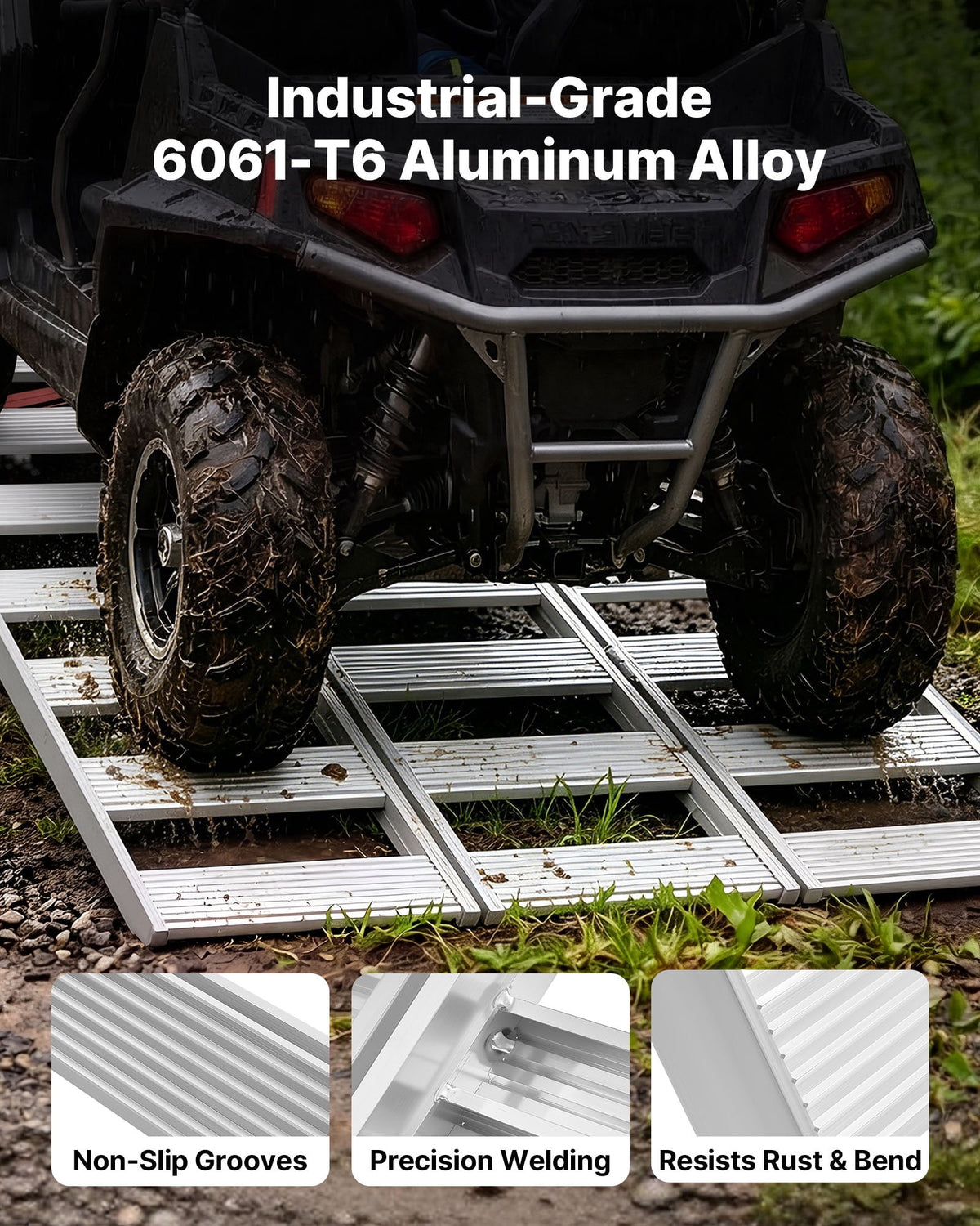 VEVOR 76x50 Inch Tri-Folding Aluminum Trailer Ramps, 1500 lb Capacity, Straps and Non-Slip Rubber Fingers