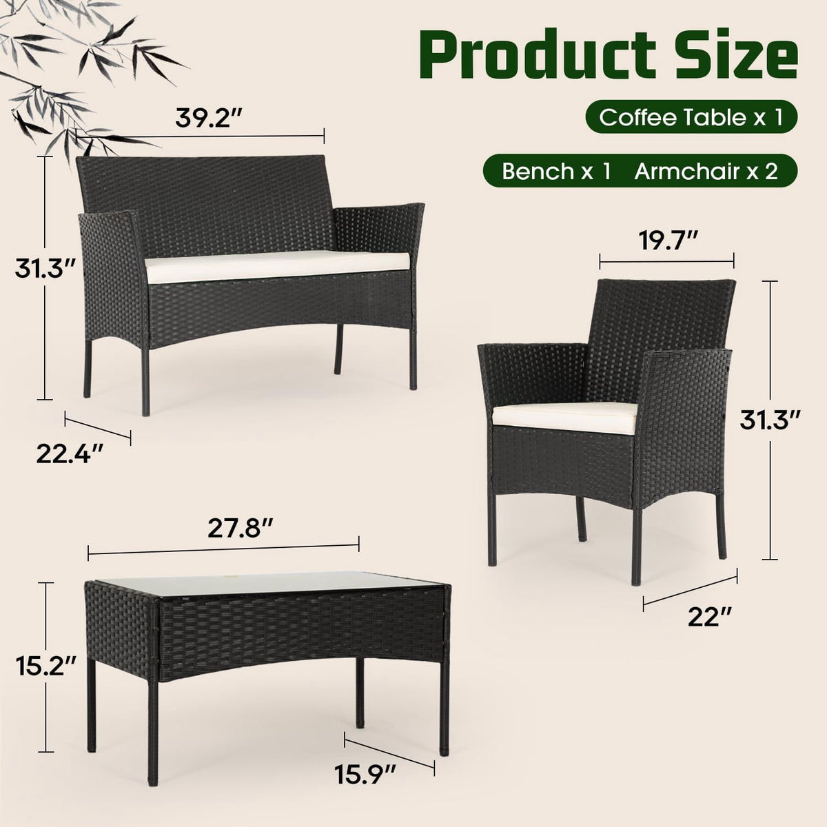 FDW 4-Piece Wicker Patio Furniture Set – Outdoor Rattan Conversation Set, Chairs, Sofa, and Coffee Table – All-Weather Bistro Set for Yard, Black