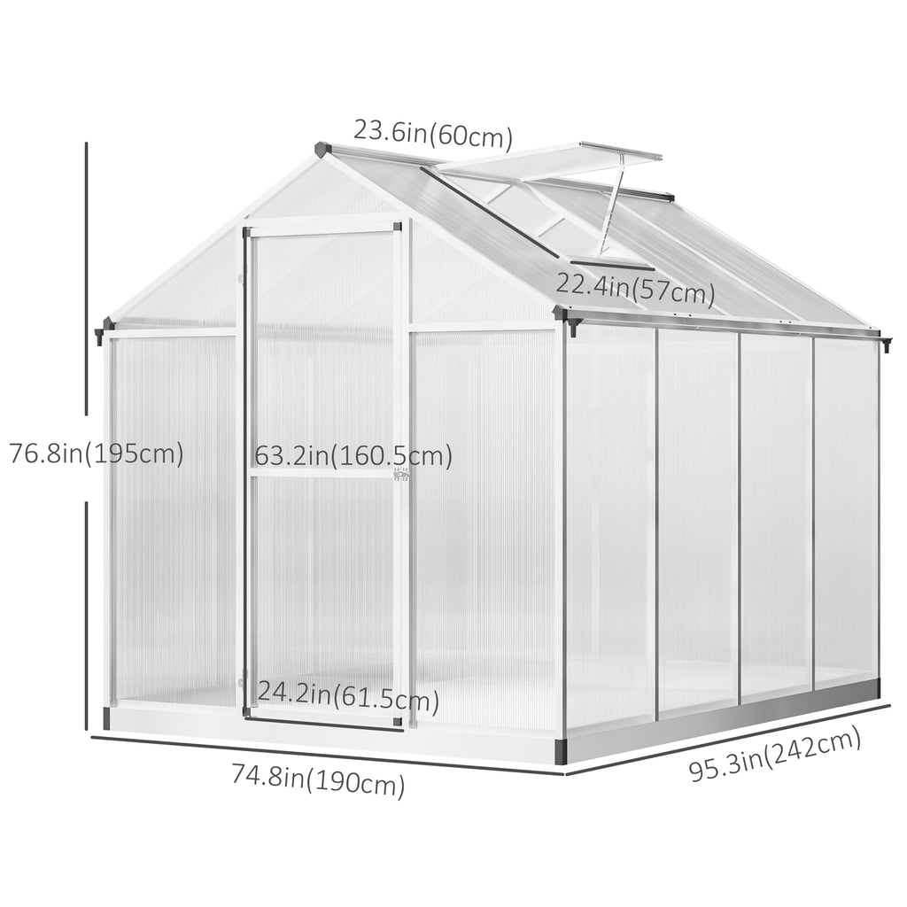Outsunny 8' x 6' x 6.4' Walk-in Garden Greenhouse Polycarbonate Panels Plants Flower Growth Shed Cold Frame Outdoor Portable Warm House Aluminum Frame