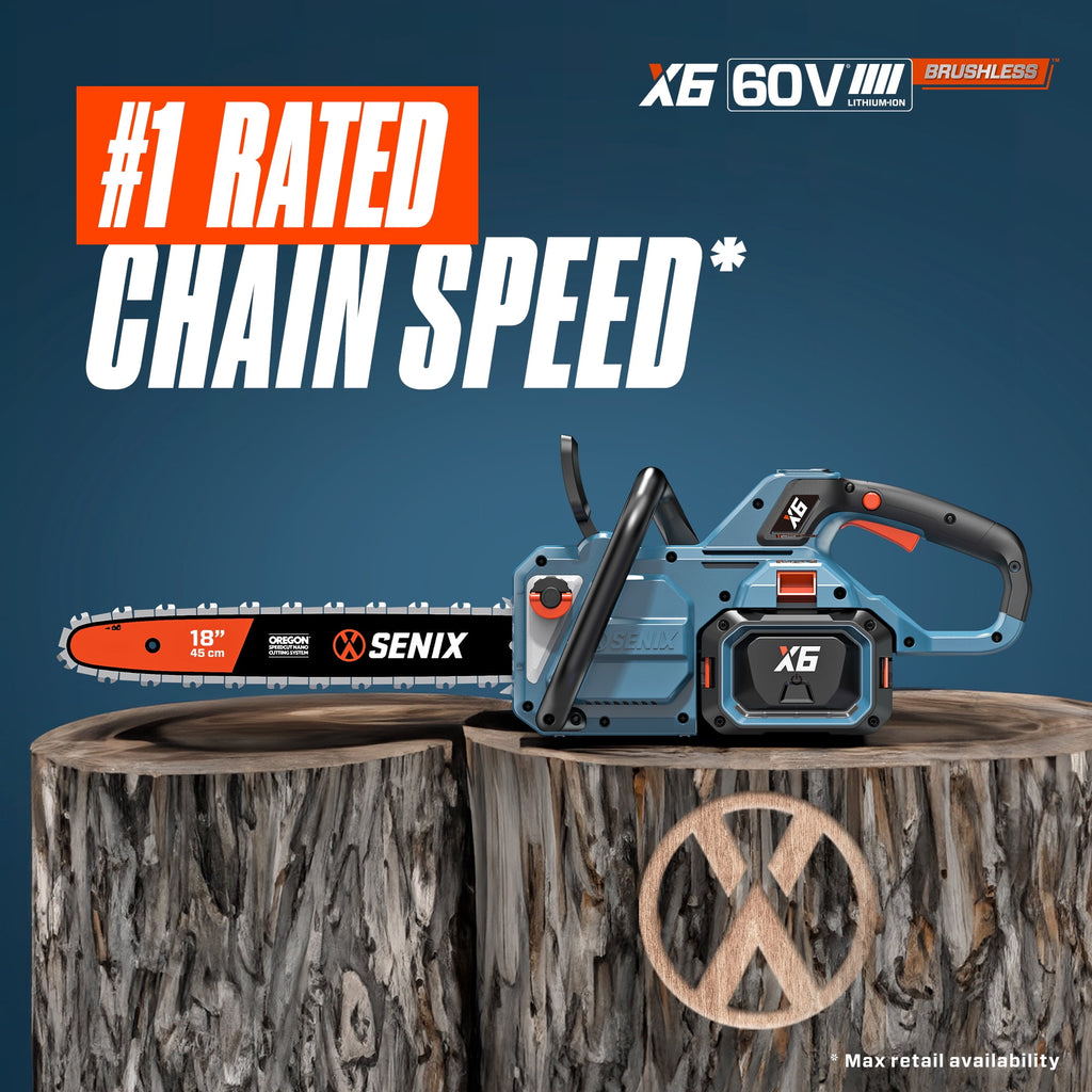 SENIX CSX6-M1 18" 60V Battery Powered Chainsaw, Brushless, Automatic Oiler, Tool-Free Chain Tensioning, Cordless