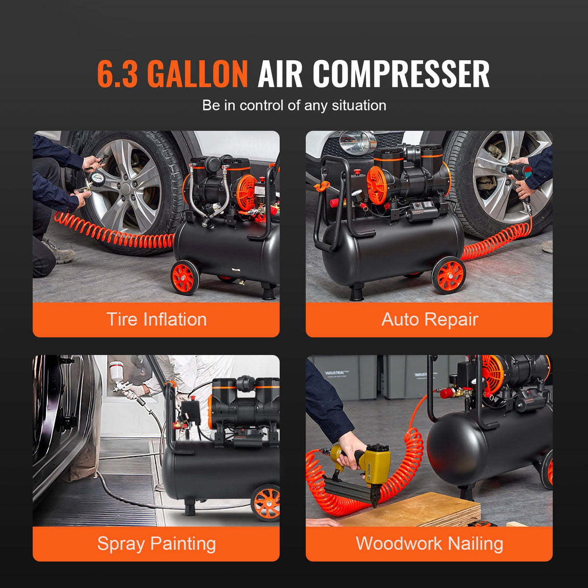 KFFKFF 6.3-Gallon Oil-Free Air Compressor, 2 HP, 3.35 CFM at 90 PSI, 116 PSI Max, 70 dB