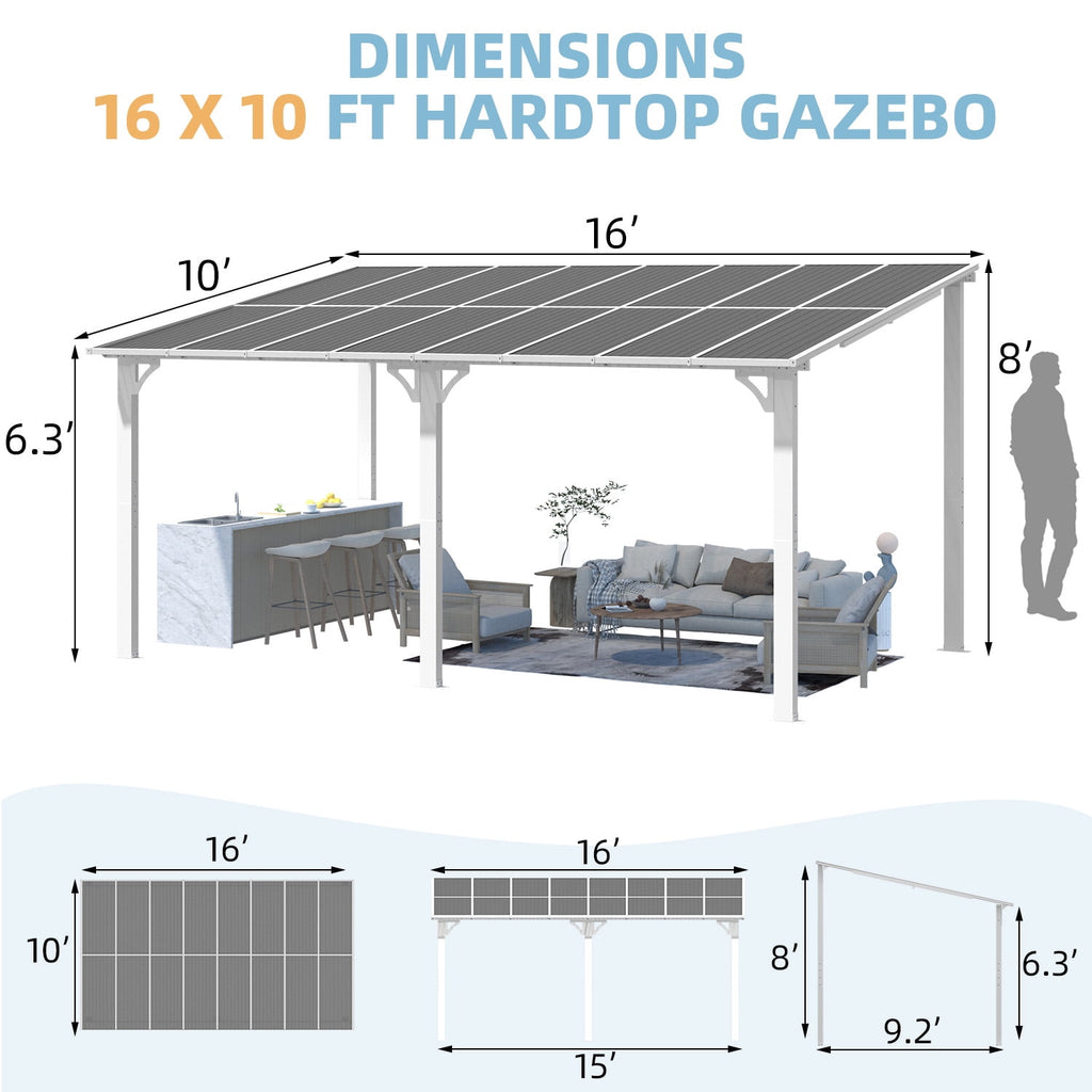 AECOJOY 10' x 16' Hardtop Gazebo Outdoor Aluminum Pergola for Garden, Patio, Backyard-White