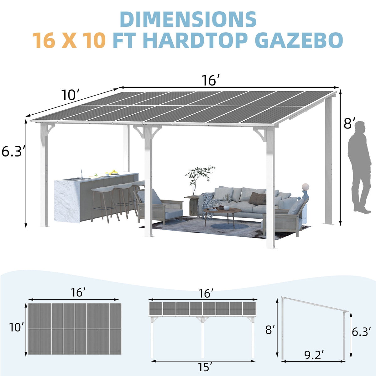 AECOJOY 10' x 16' Hardtop Gazebo Outdoor Aluminum Pergola for Garden, Patio, Backyard-White