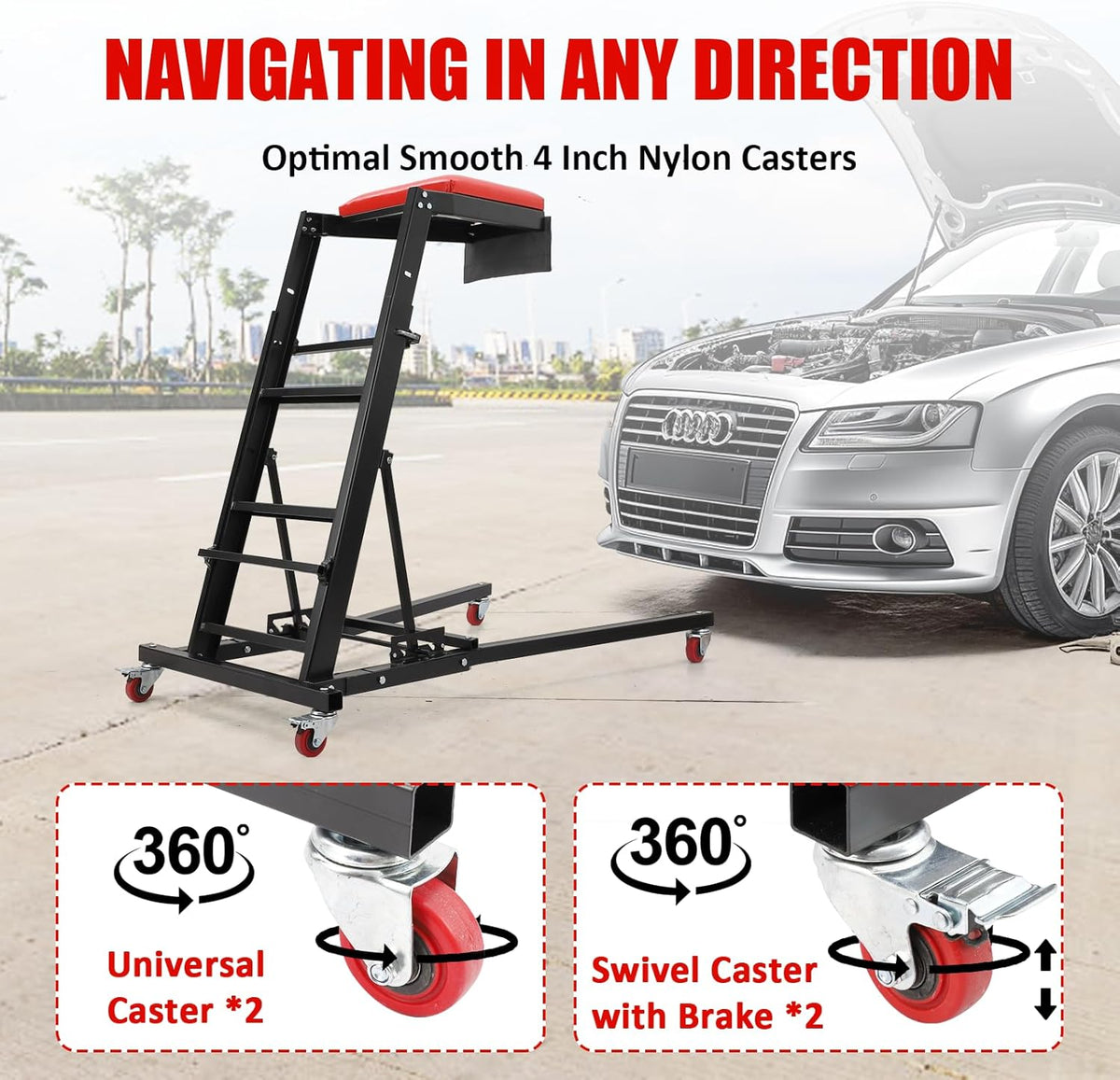 400 LB Heavy Duty Garage Shop Creeper Adjustable Height Foldable Topside Engine Creeper with Casters for Auto Repair Black
