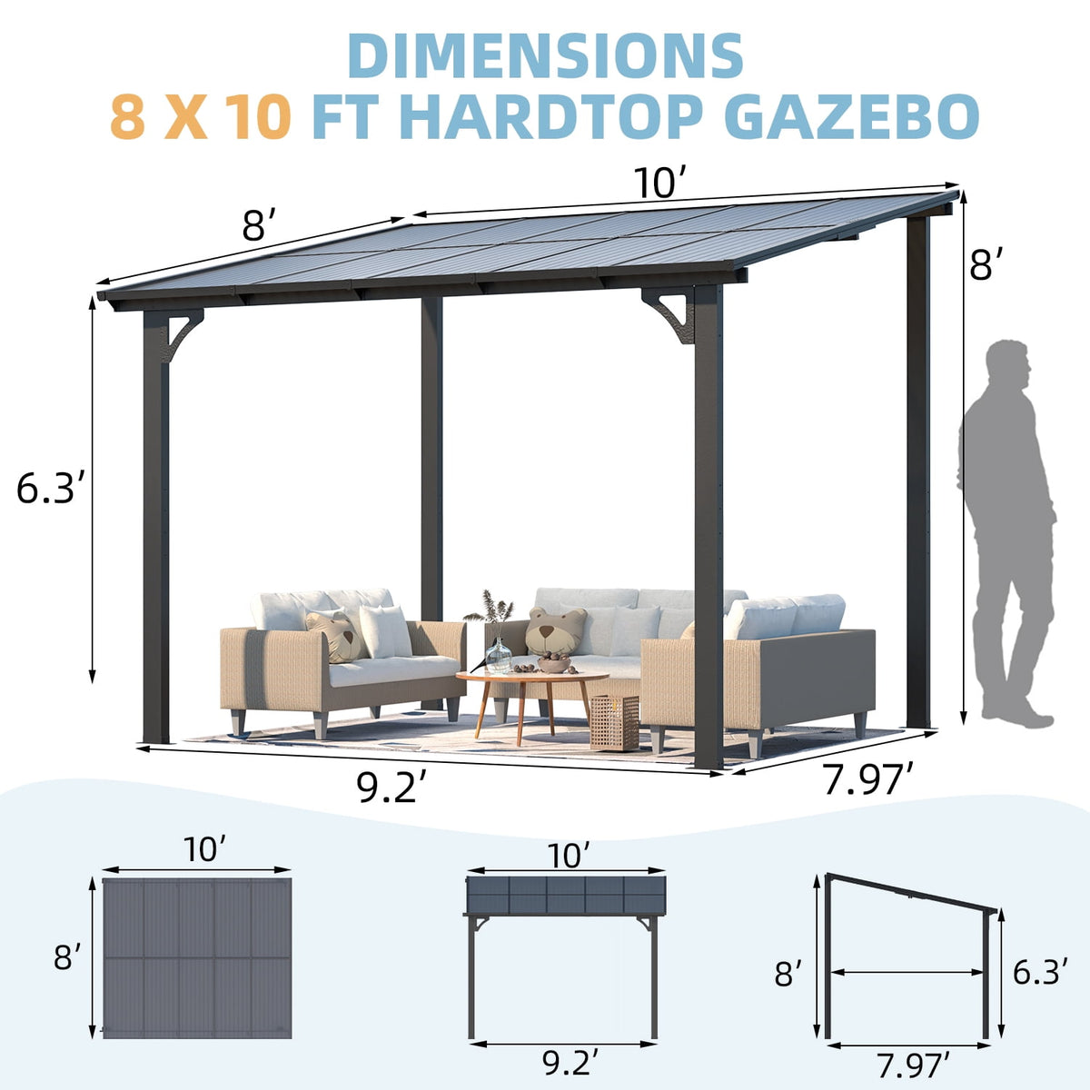 AECOJOY 10 x 8 Ft Wall-Mounted Hardtop Gazebo, Polycarbonate Roof & Metal Frame, Dark Grey