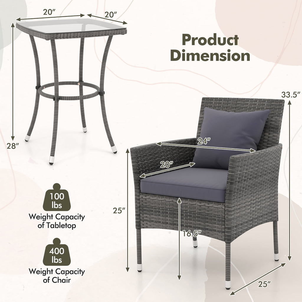 Gymax 3-Piece Patio Furniture Set PE Wicker Conversation Bistro Set w/ A Tempered Glass Table Mix Gray