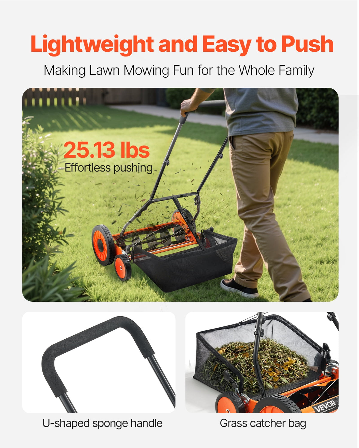 VEVOR 18" Manual Push Reel Lawn Mower 5-Blade Adjustable Height Grass Catcher 4 Wheels