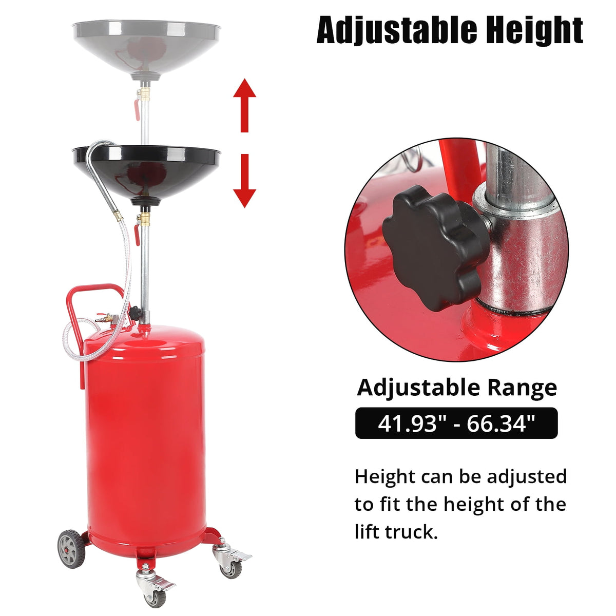 8-Gallon Air-Operated Oil Drain Tank, Adjustable 34-46 Inch Funnel Height and 360-Degree Wheels