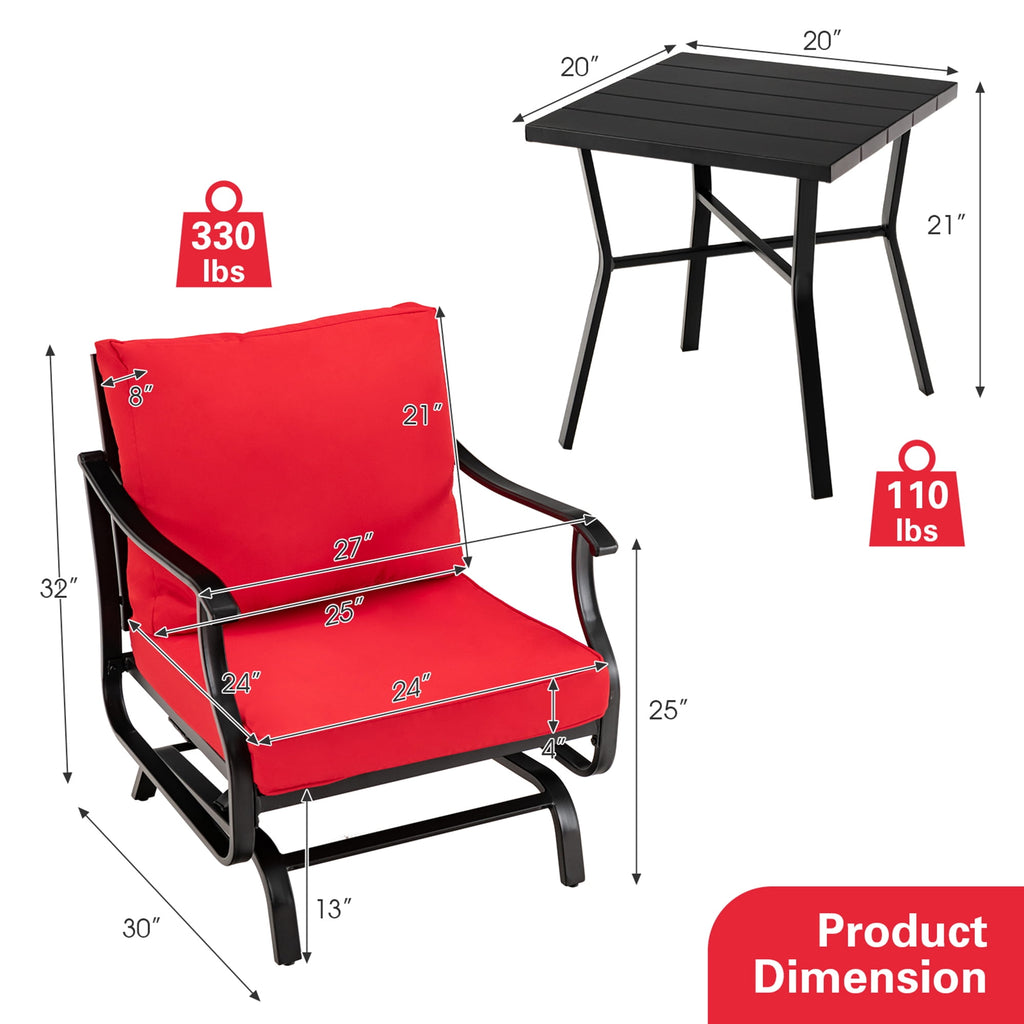 Gymax 3PCS Outdoor Rocking Chair Set Patio Conversation Bistro Set w/ Red Cushions