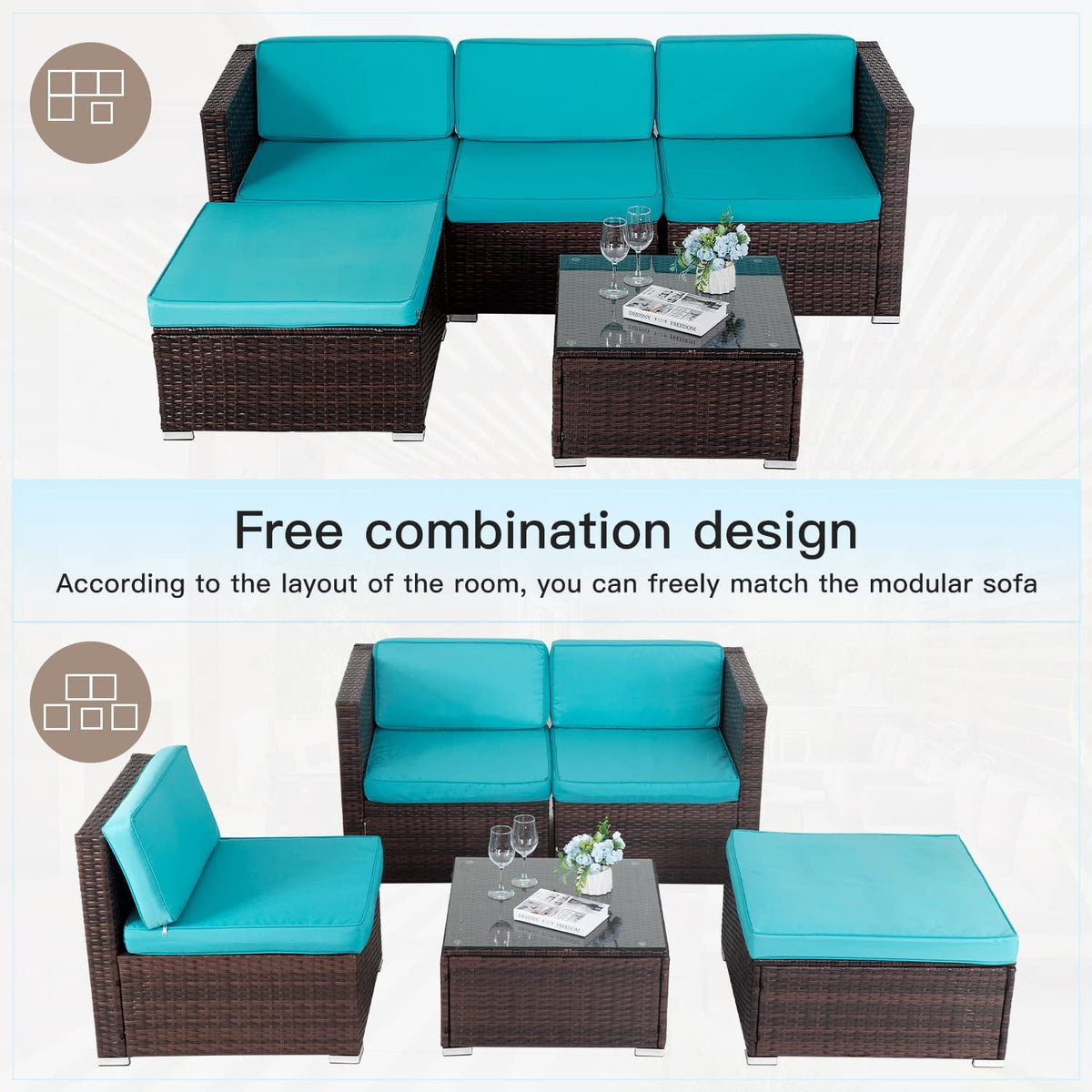FDW 5-Piece Outdoor Patio Furniture Set, Rattan Wicker Sofa, Chairs & Table, Blue