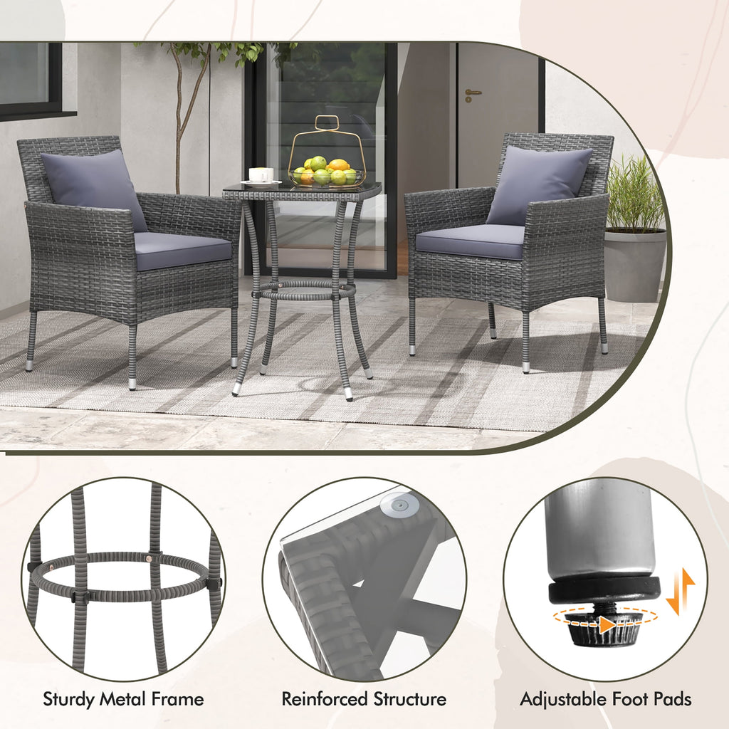 Gymax 3-Piece Patio Furniture Set PE Wicker Conversation Bistro Set w/ A Tempered Glass Table Mix Gray