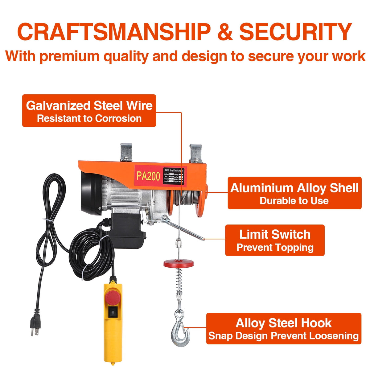 GloryStar 110V Electric Engine Lift Hoist, Steel Wire Crane with Double Slings for Garage, Warehouse or Factory
