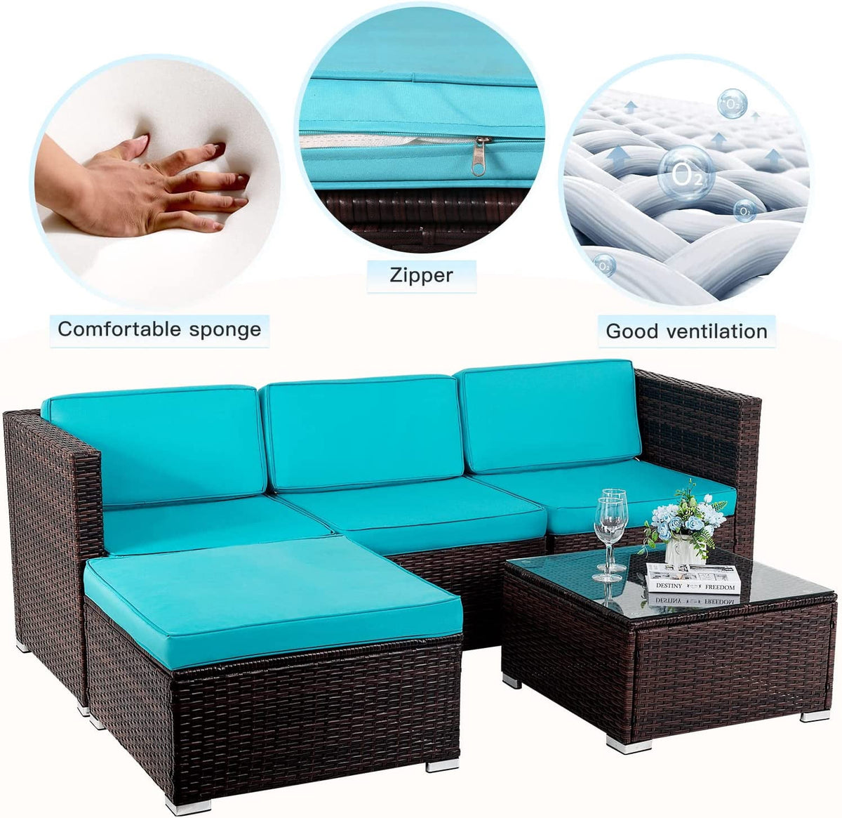 FDW 5-Piece Outdoor Patio Furniture Set, Rattan Wicker Sofa, Chairs & Table, Blue