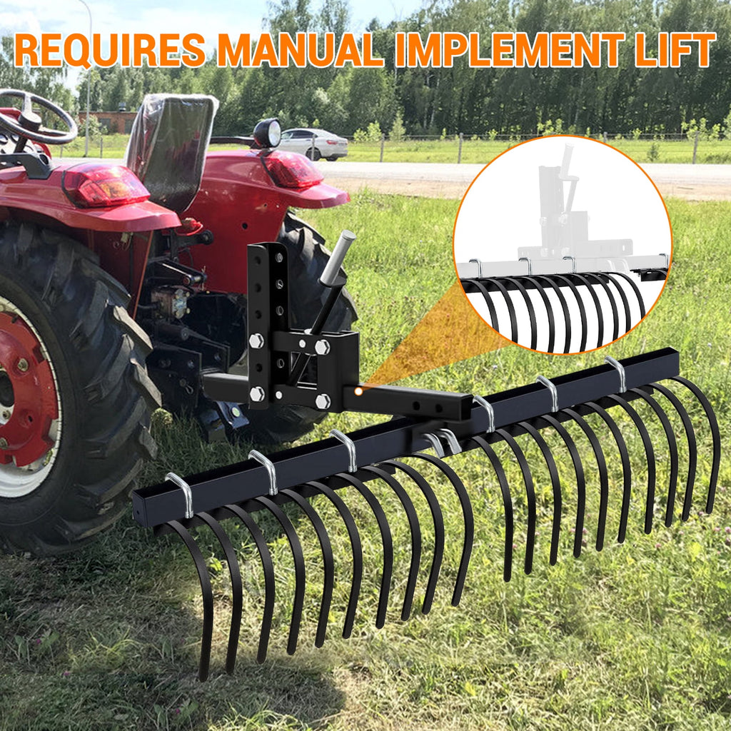 60-Inch ATV/UTV Landscape Rake Attachment, 20 Removable Steel Tines, Compatible with Manual Implement Lift