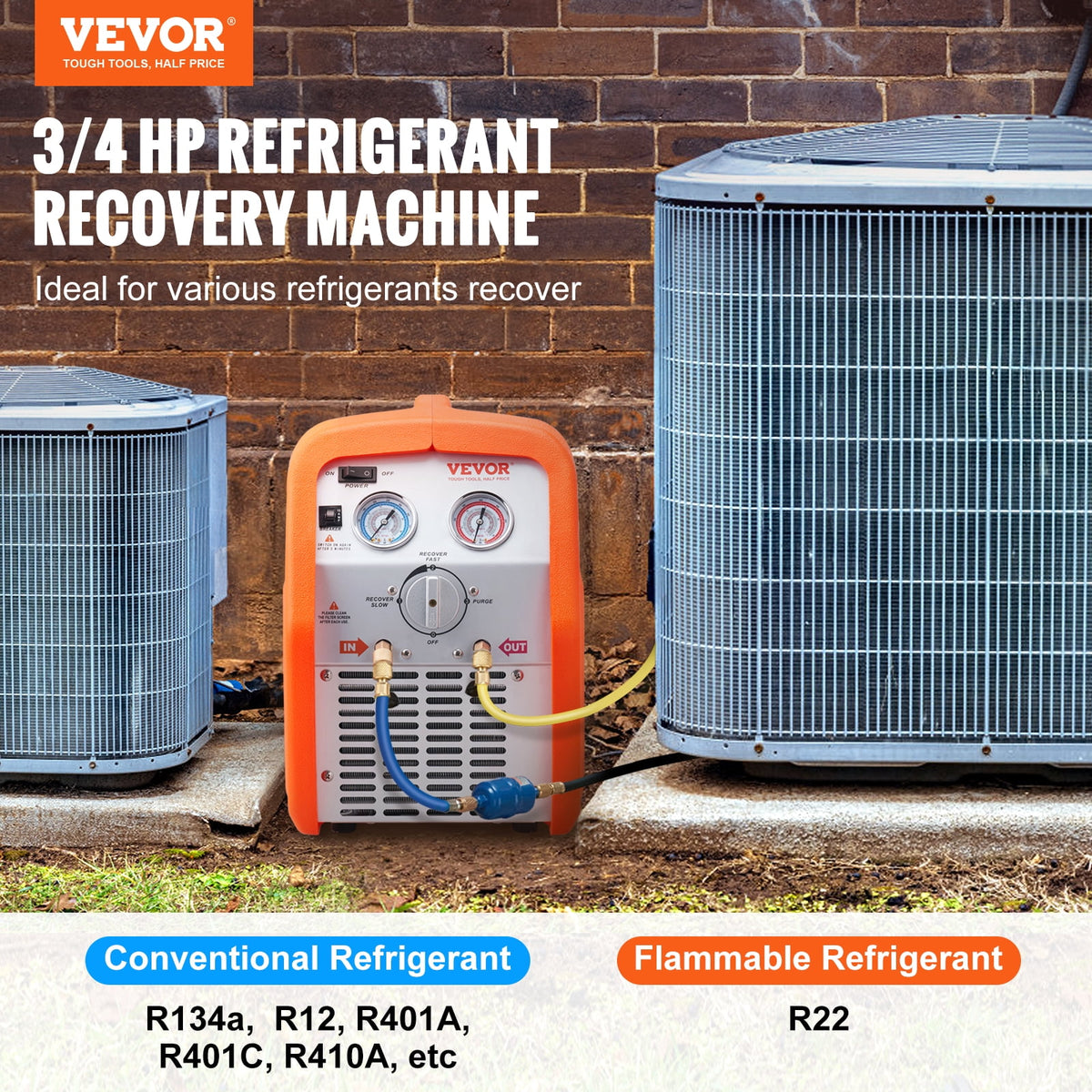 VEVOR 3/4 HP Portable Refrigerant Recovery Machine, 120V 60Hz, High-Pressure Protection for AC and HVAC