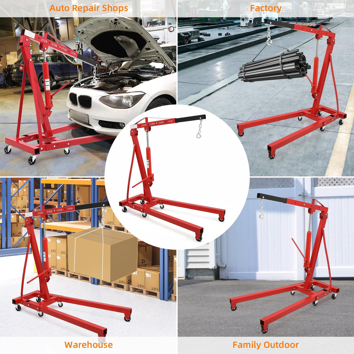 AKDSteel 2-Ton/4400 lb Folding Engine Hoist, Cherry Picker with 4 Adjustable Positions and Wheels