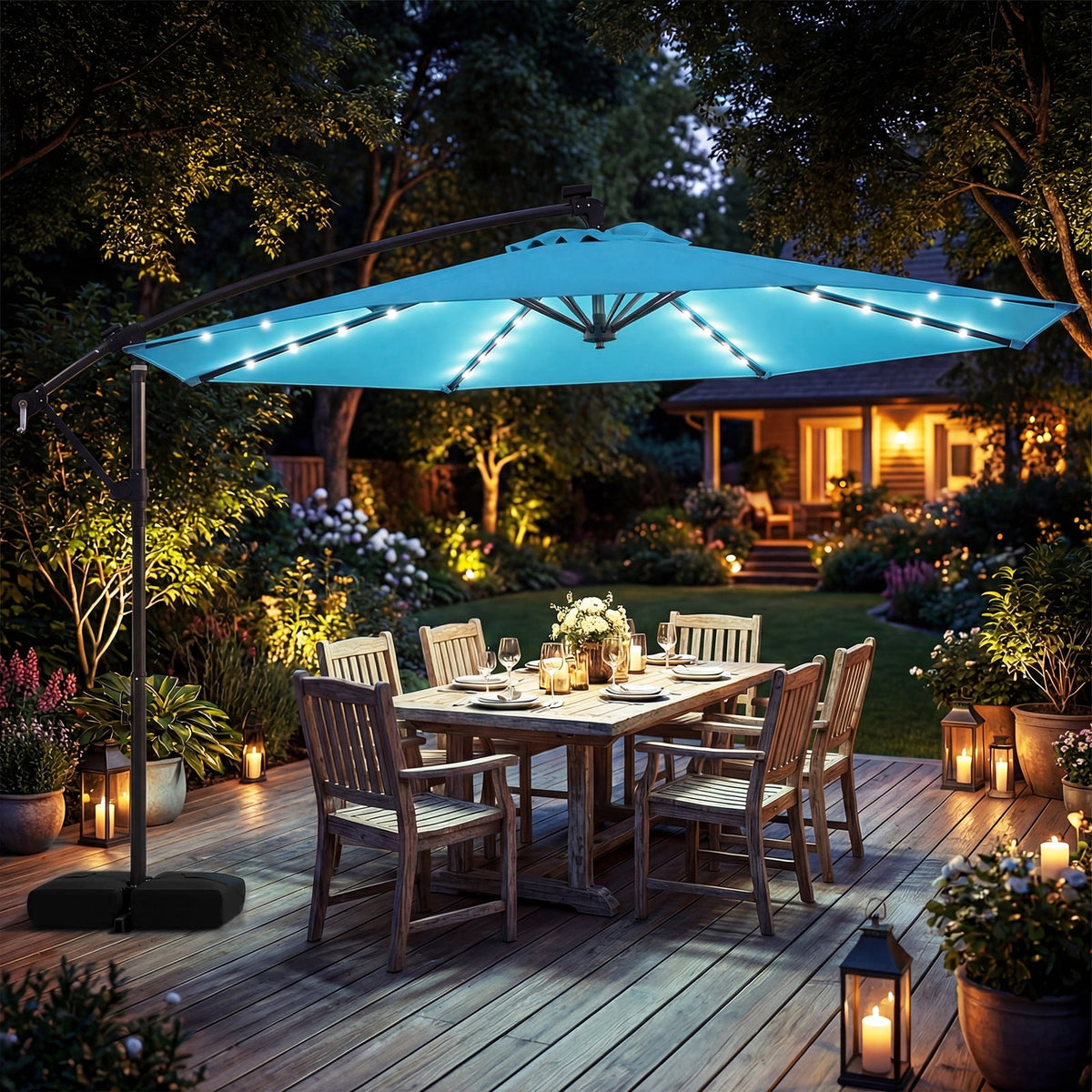 Costway 10 FT Solar Offset Hanging Umbrella Patio Cantilever Umbrella with 32 LED Lights Turquoise