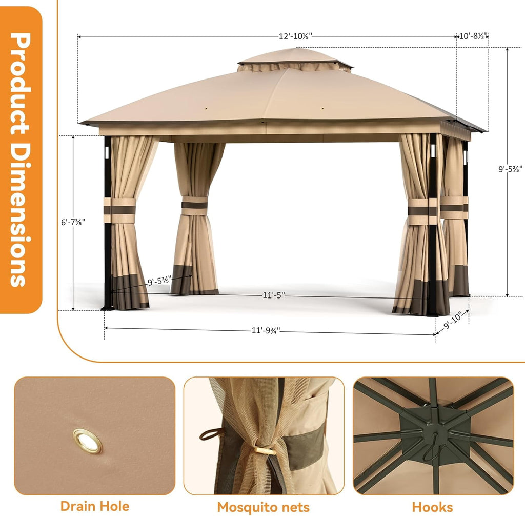 Modern Shade 11'x13' Gazebo with LED Lights & Bluetooth Speaker, Double Roof Metal Patio Canopy with Netting & Curtains, Khaki