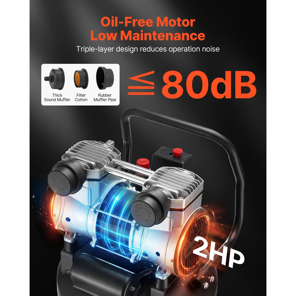 KFFKFF 10-Gallon Air Compressor, 2HP 4.8 SCFM at 90PSI, Max 125PSI Pressure Oil-Free Air Compressor Tank, Portable on Wheels for Auto Repair, 120V