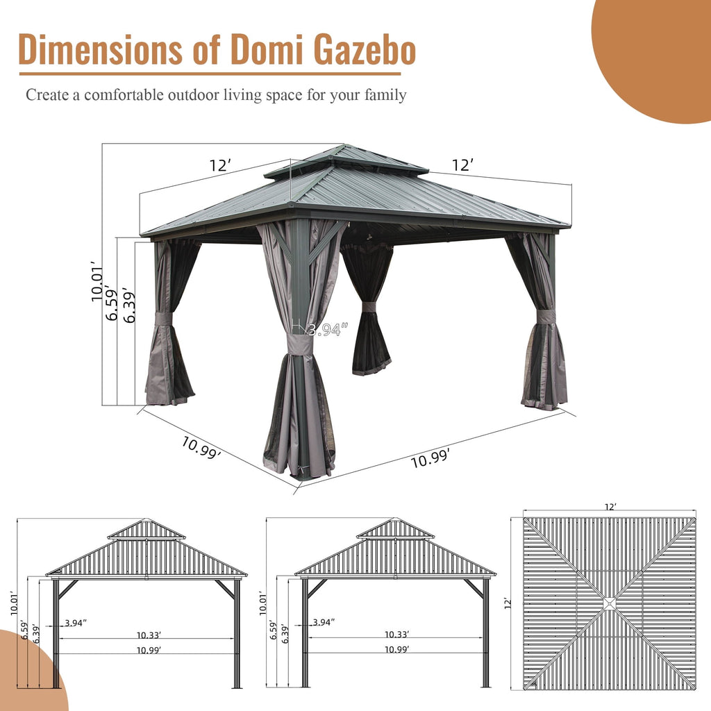 Domi Outdoor 12x12 ft Hardtop Gazebo Canopy Metal with Galvanized Steel Double Roof,Curtain & Netting for Patio Deck Backyard, Gray