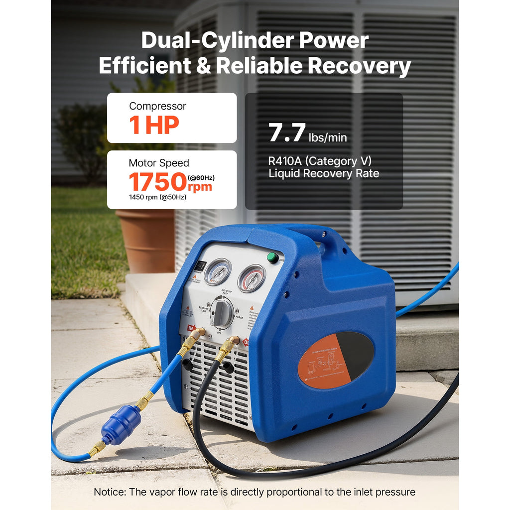 KFFKFF 1 HP Dual-Cylinder Refrigerant Recovery Machine, 120V 60Hz, 1750 RPM, for Liquid and Vapor AC Refrigerants