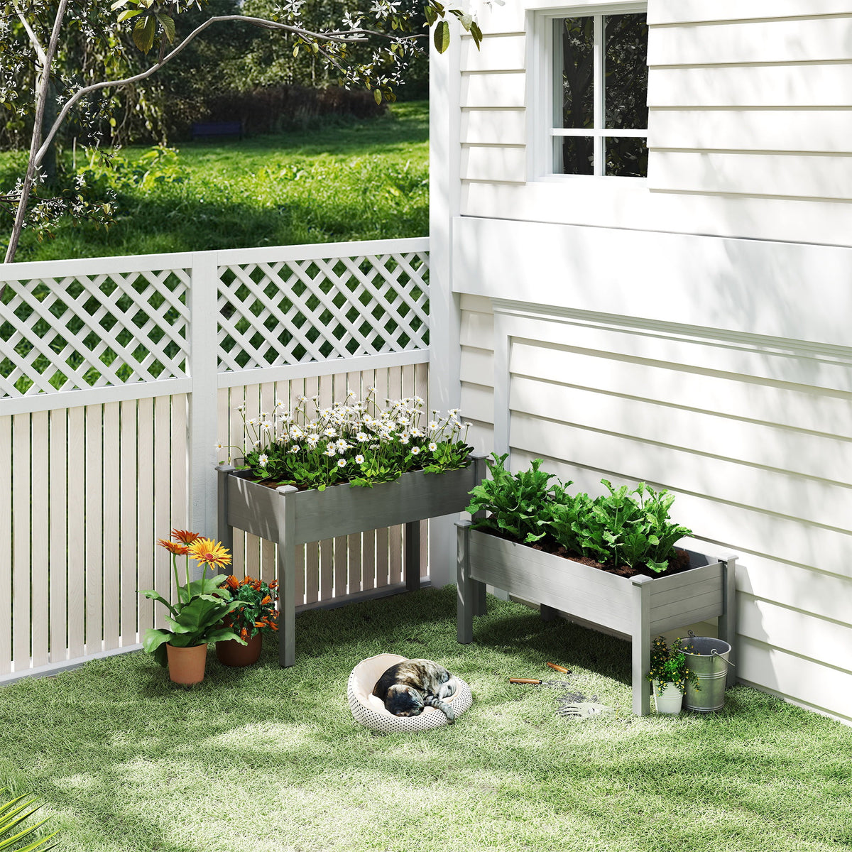 Outsunny 2 Tiers Raised Garden Bed, Wooden Elevated Planter Box, Grey