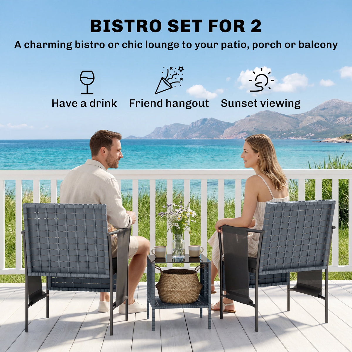 Outsunny 3 Piece Wicker Patio Furniture Bistro Set with Side Pocket, Black