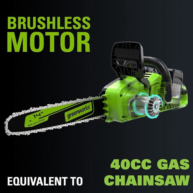 Greenworks 2 x 24V (48V) 14" Cordless Brushless Electric Chainsaw, (2) 4.0 Ah USB Batteries and Dual-Port Charger Included [125+ Compatible Tools]