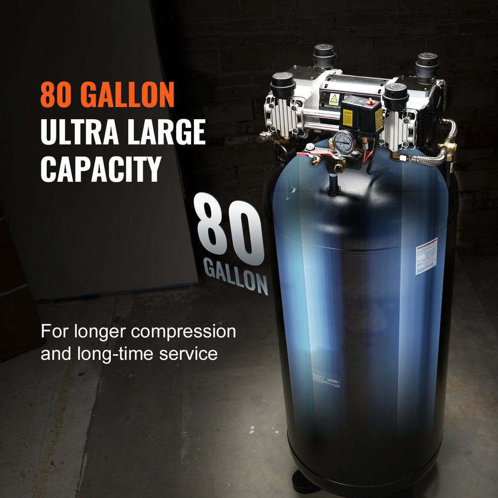KFFKFF 80-Gallon Air Compressor, 6.5 HP, 15.5 SCFM at 90 PSI, Dual-Stage, 145 PSI, Oil-Free, 86 dB