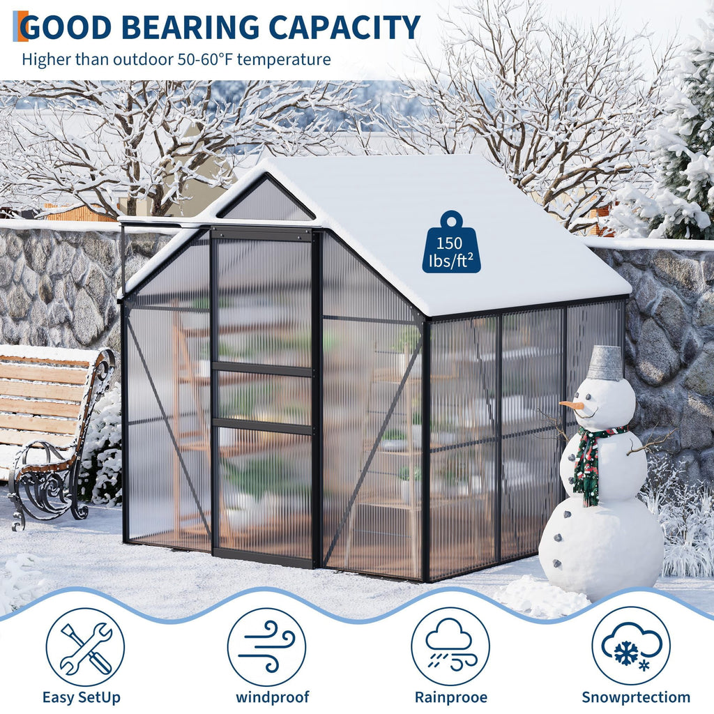 6x6 Ft Walk-In Polycarbonate Greenhouse, Aluminum Frame, Sliding Door, Adjustable Roof Vent and Rain Gutter