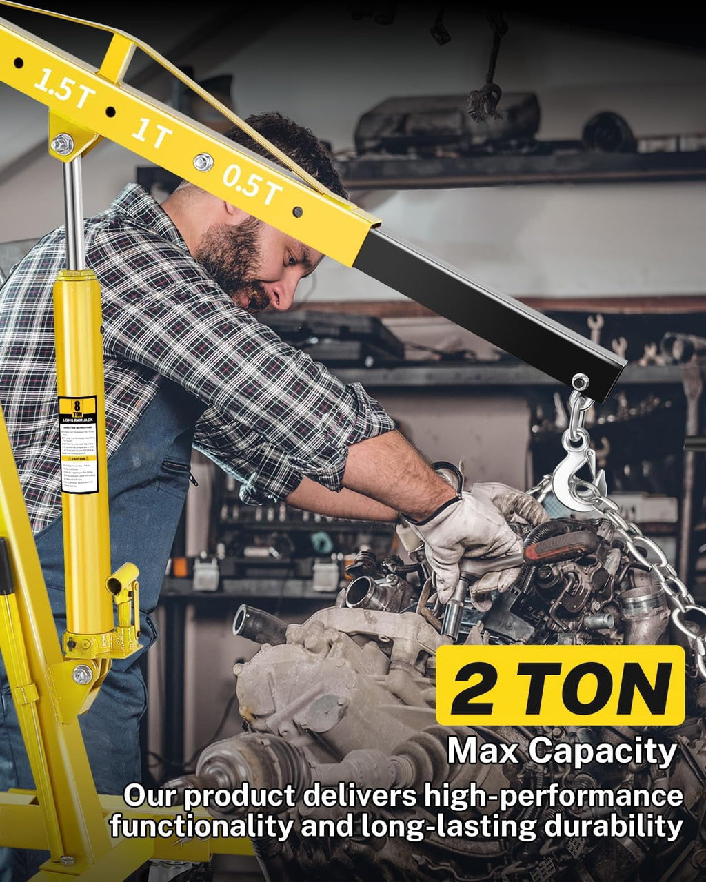 Kojooin 2-Ton/4400 lb Folding Hydraulic Engine Hoist, Shop Crane with 6 Casters and Telescopic Boom