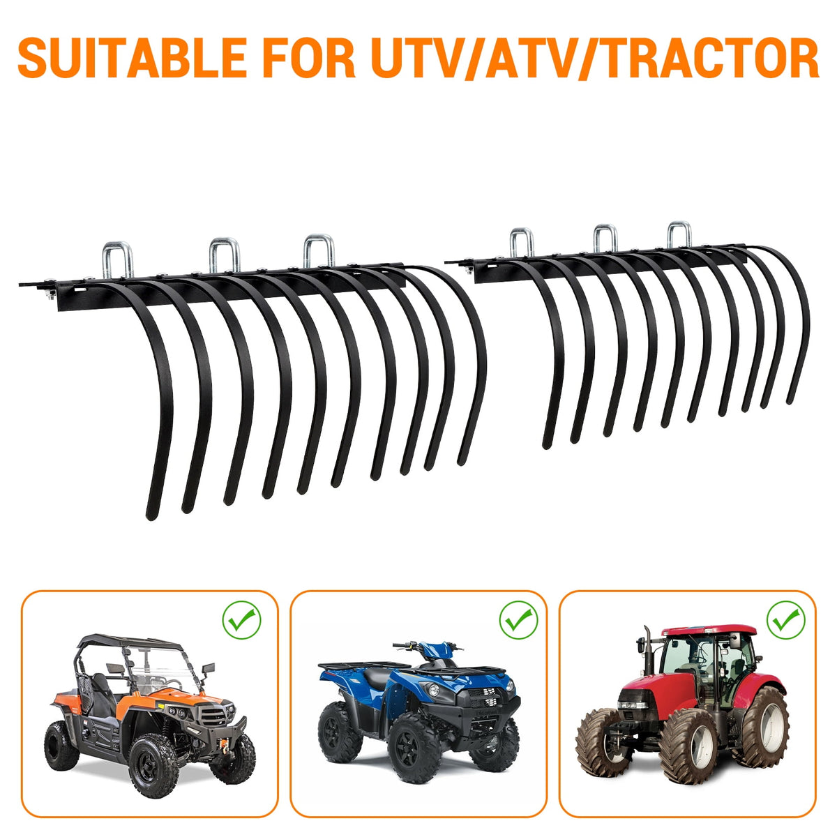 60-Inch ATV/UTV Landscape Rake Attachment, 20 Removable Steel Tines, Compatible with Manual Implement Lift