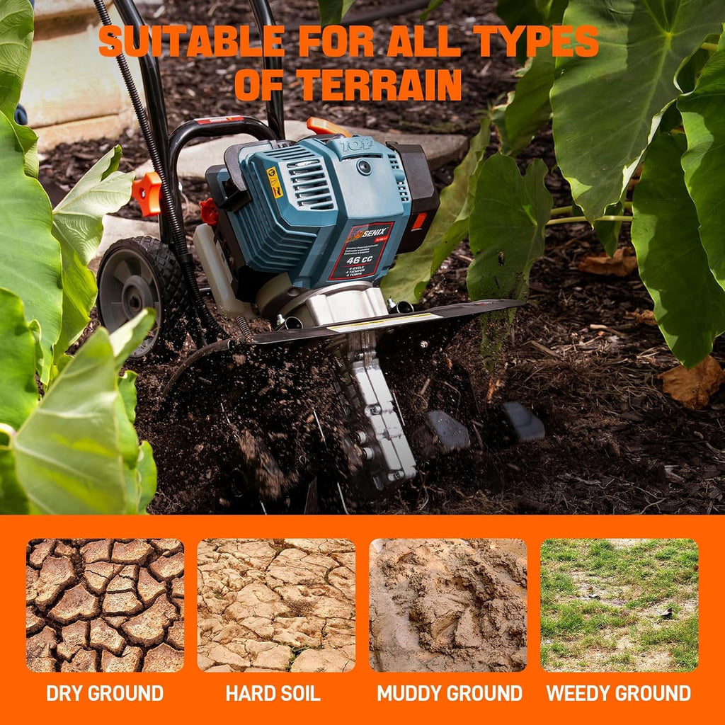 SENIX TL4QL-L1 10" 43cc 4-Cycle Gas Powered Front-Tine Walk Behind Tiller, 6 Forward Rotating Tines