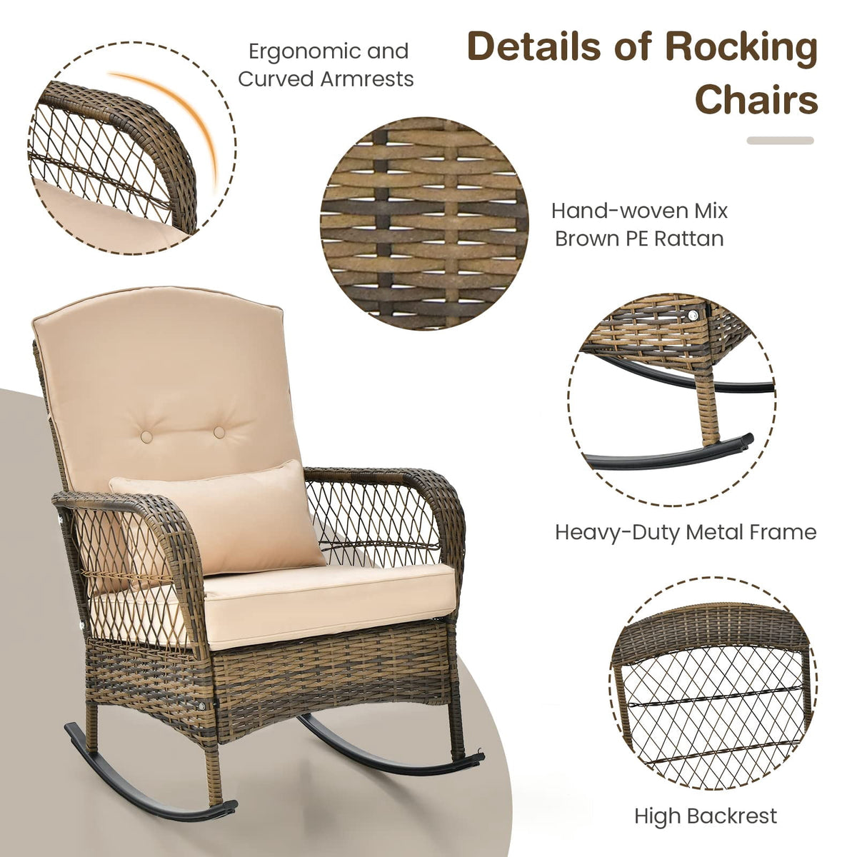 3-Piece Outdoor Wicker Rocking Chair Set, High-Back Chairs, Thick Cushions and 2-Tier Coffee Table, Dark Gray