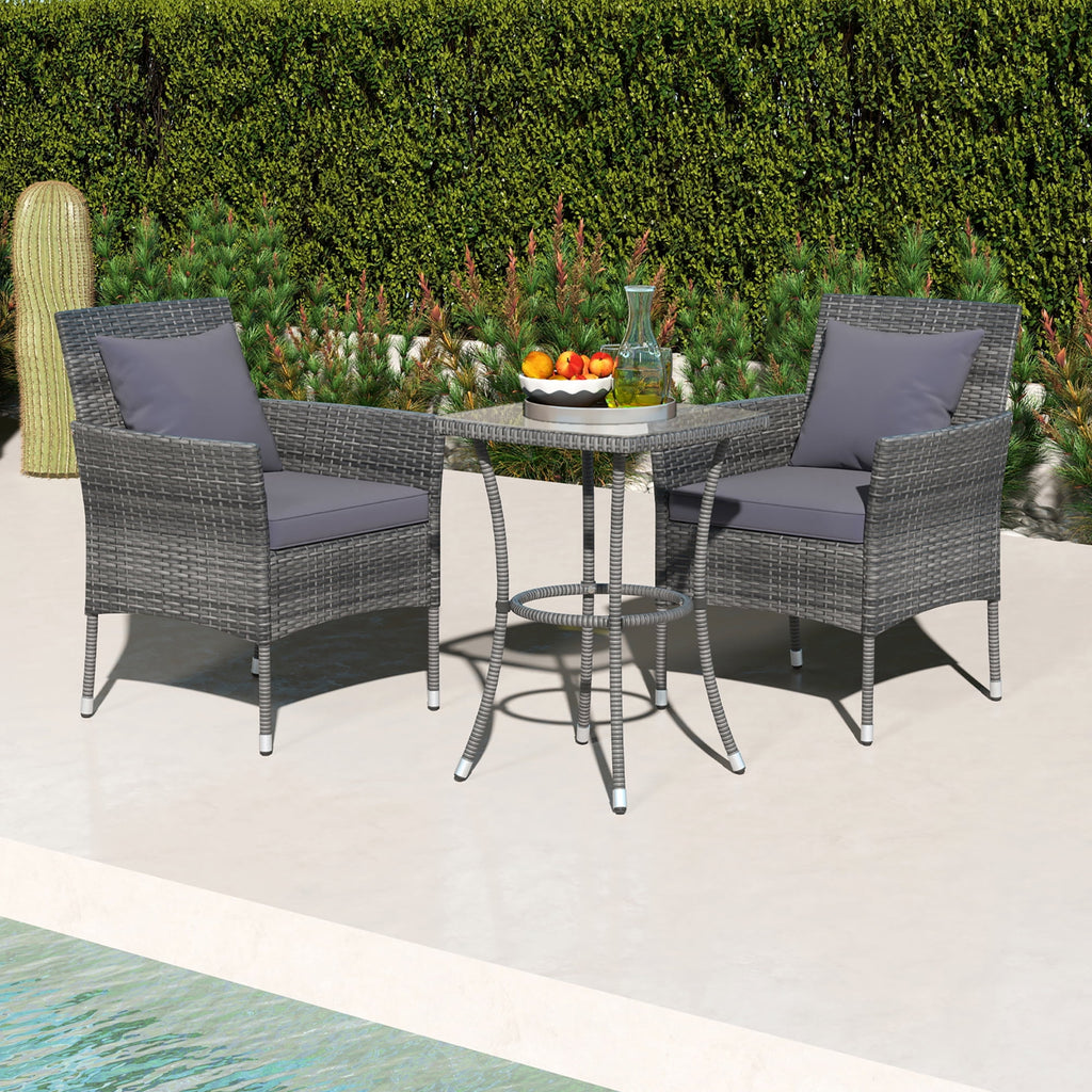 Gymax 3-Piece Patio Furniture Set PE Wicker Conversation Bistro Set w/ A Tempered Glass Table Mix Gray