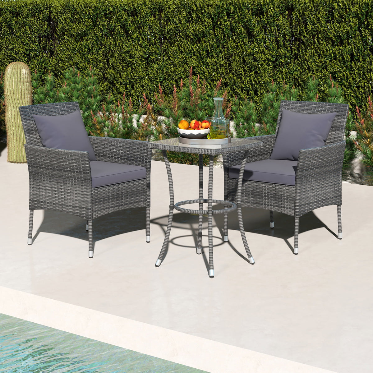 Gymax 3-Piece Patio Furniture Set PE Wicker Conversation Bistro Set w/ A Tempered Glass Table Mix Gray