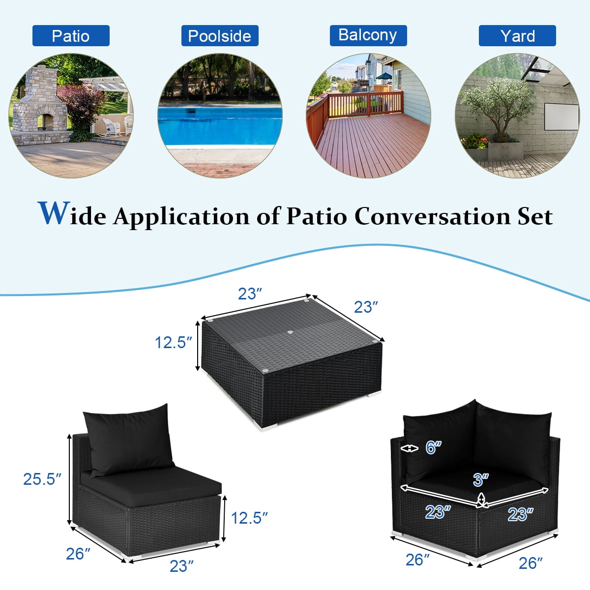 Gymax 7PCS Rattan Patio Conversation Set Sectional Furniture Set w/ Black Cushion