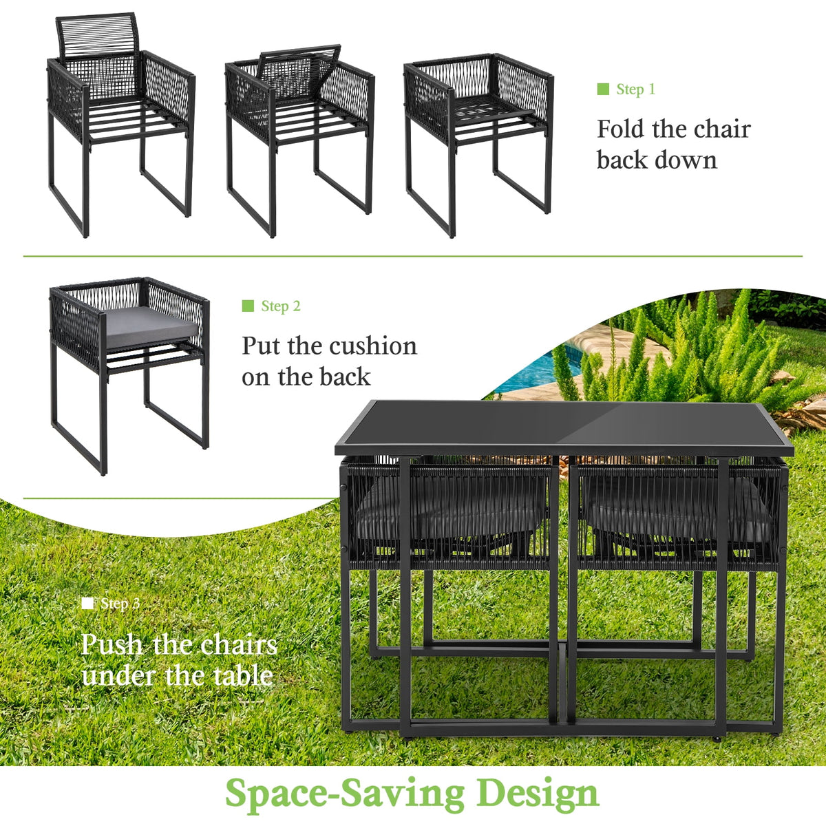 Gymax Set of 3 PE Wicker Furniture Set Cushioned Chairs w/ Folding Backrest Patio Backyard