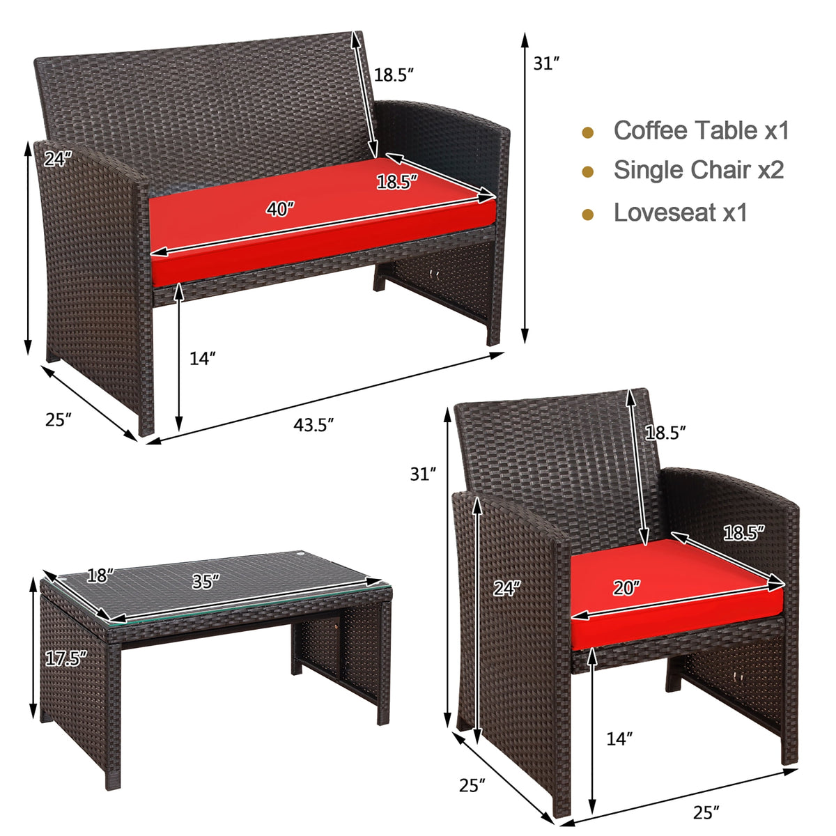 Costway 4PCS Patio Rattan Furniture Set Cushioned Chair Sofa Coffee Table Red
