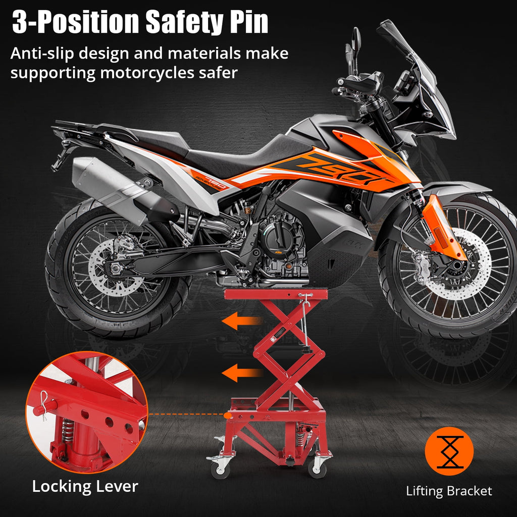 BeesClover 350 lb Hydraulic Motorcycle Scissor Lift Table, Wide Deck, J-Hooks, 4 Wheels and Foot Pedal