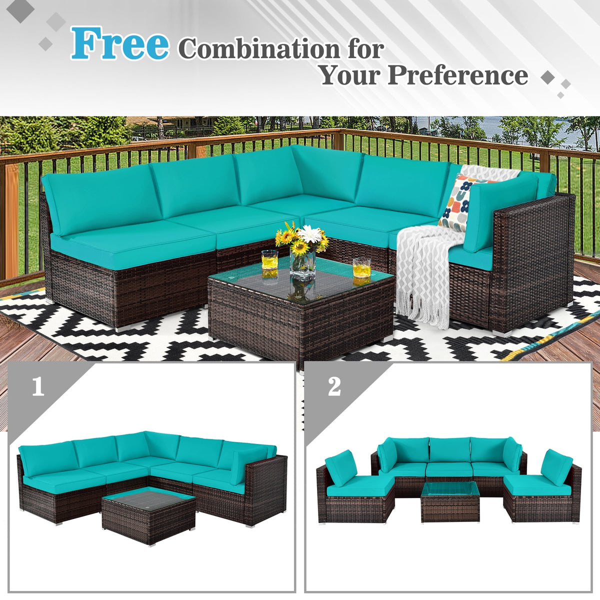 Patiojoy 6PCS Wicker Patio Sectional Conversation Furniture Set with Coffee Table & Seat Cushions Turquoise