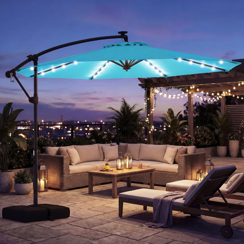 Costway 10 FT Solar Offset Hanging Umbrella Patio Cantilever Umbrella with 32 LED Lights Turquoise