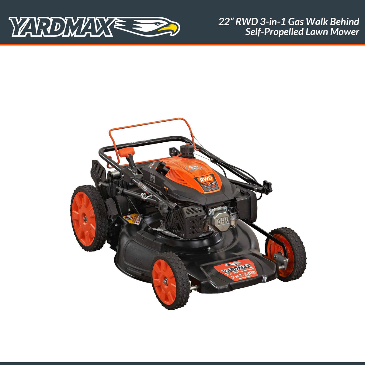 Yardmax YG2760 22" 201cc Gas Powered Self-Propelled Walk-Behind Lawn Mower, 3-in-1, 6-Speed CVT, RWD