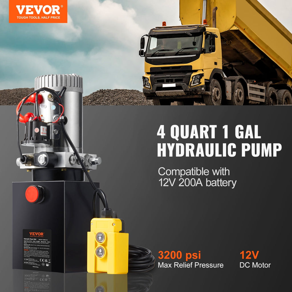 VEVOR 4-Quart Single-Acting Hydraulic Pump, DC 12V, 0.91 GPM, 3200 PSI Max, for Dump Trailers and Car Lifts