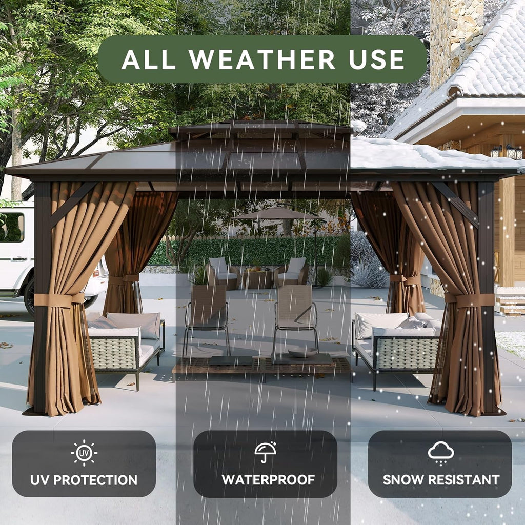 Aoxun 10 ft. x 12 ft. Hardtop Gazebo, Double Polycarbonate Roof Aluminum Frame Gazebo W/Curtain and Netting, Brown