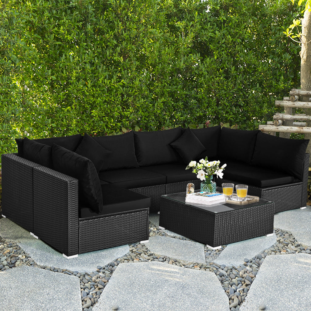 Gymax 7PCS Rattan Patio Conversation Set Sectional Furniture Set w/ Black Cushion