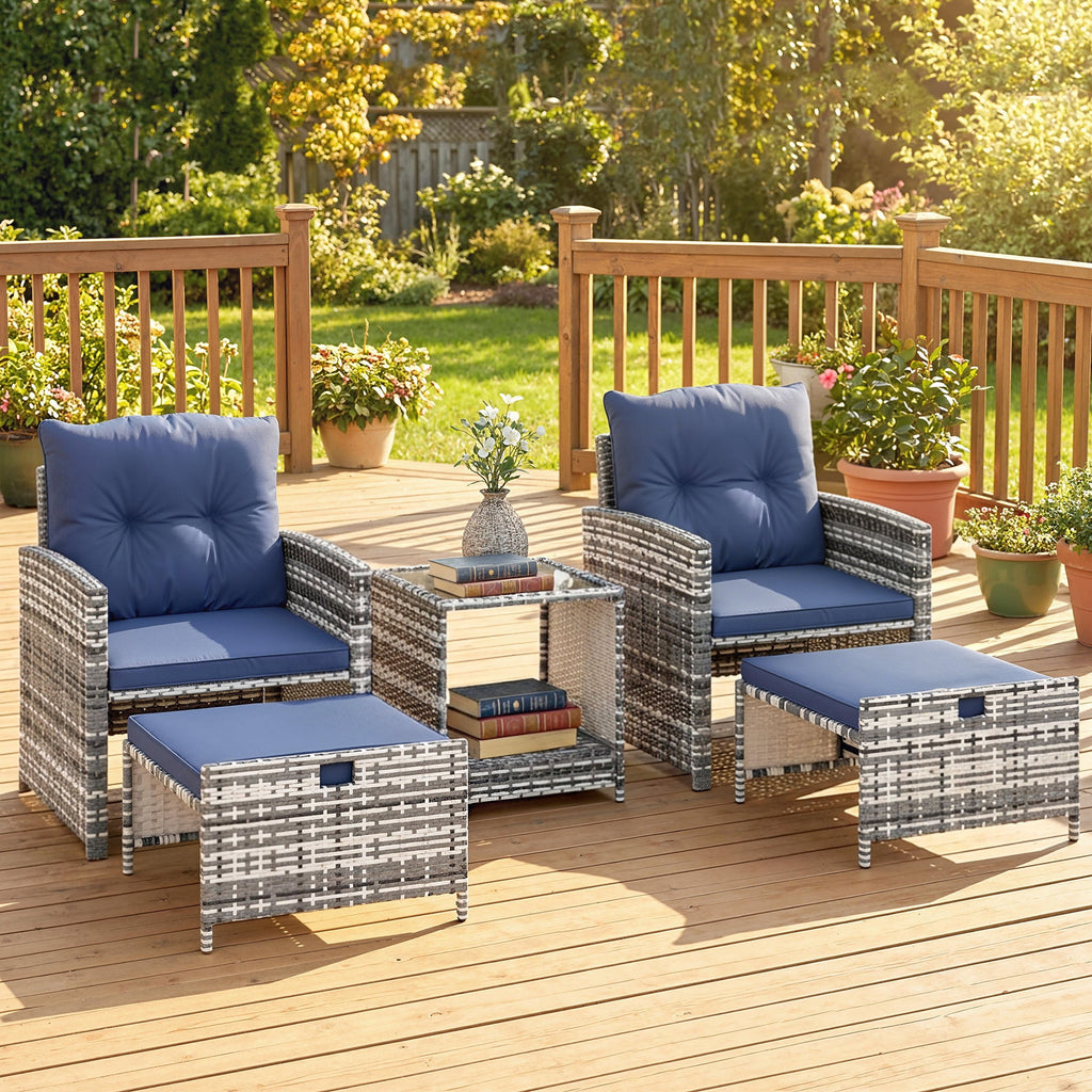 Outsunny 5 Piece Patio Furniture Set with Ottomans Cushions, Grey/Dark Blue