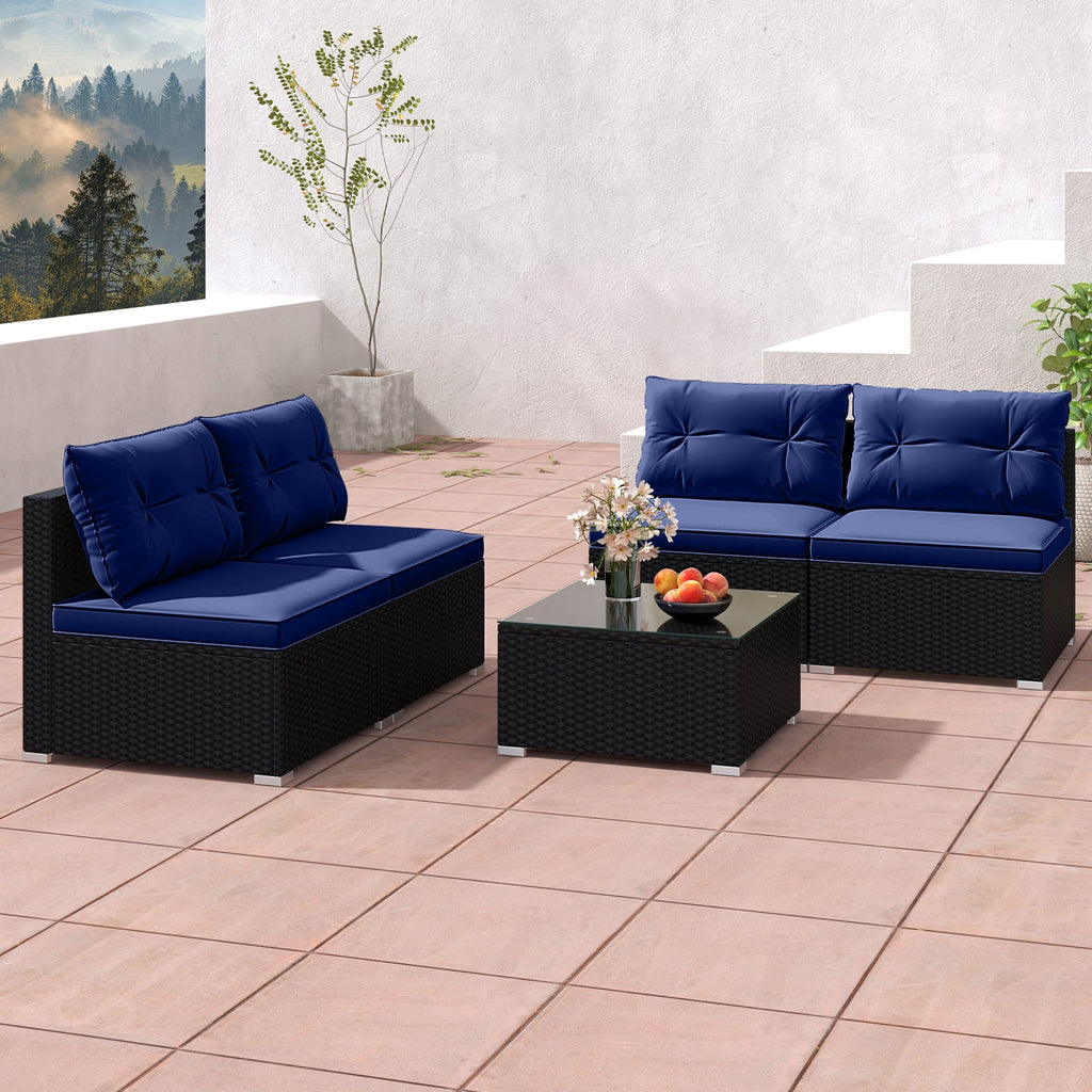 Gymax 5 PCS Patio Furniture Set w/ Seat & Back Cushions Tempered Glass Tabletop Navy